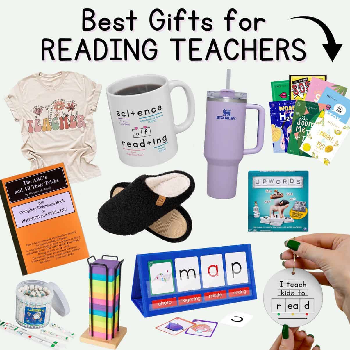 Graphic with a collage of images of gifts that reading teachers would enjoy.