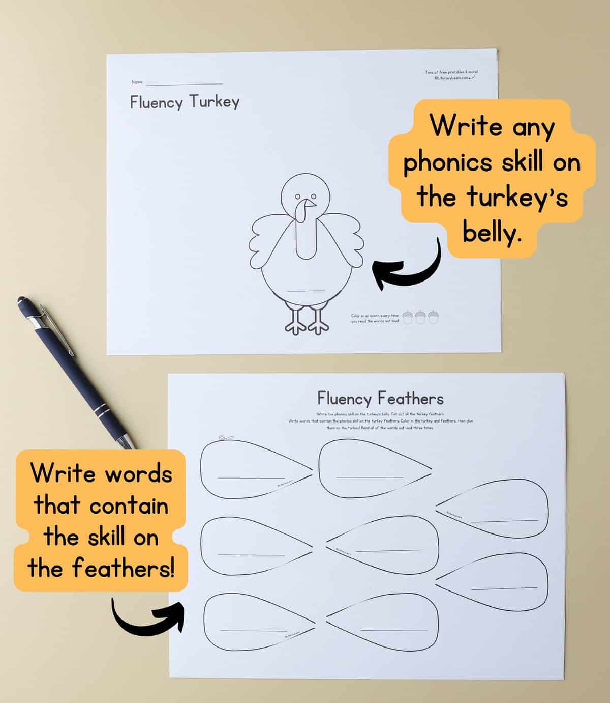 Graphic with photo of the two printable fluency turkey worksheets and steps to use them. 