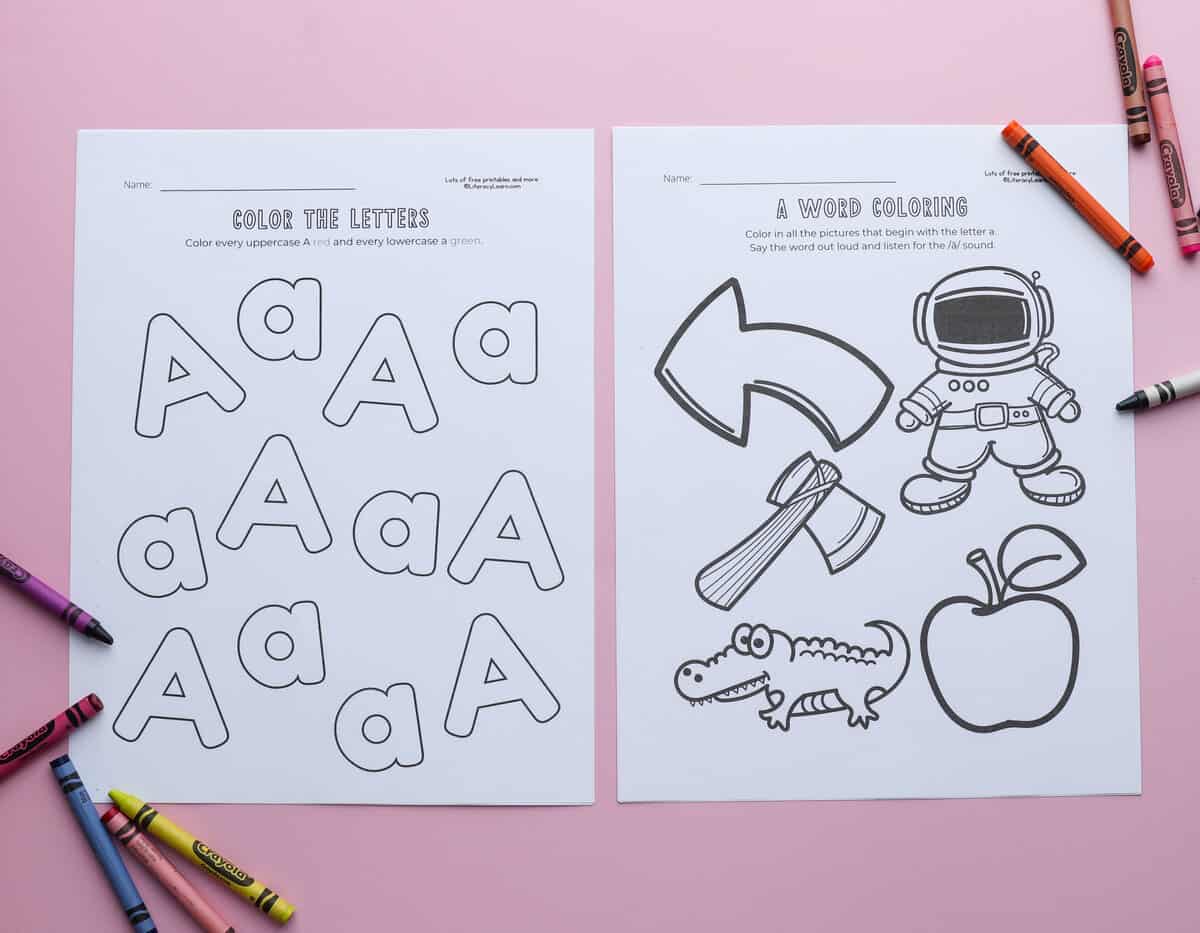 Two coloring sheets - one with capital and lowercase letters a, and one with pictures that begin with letter a. 