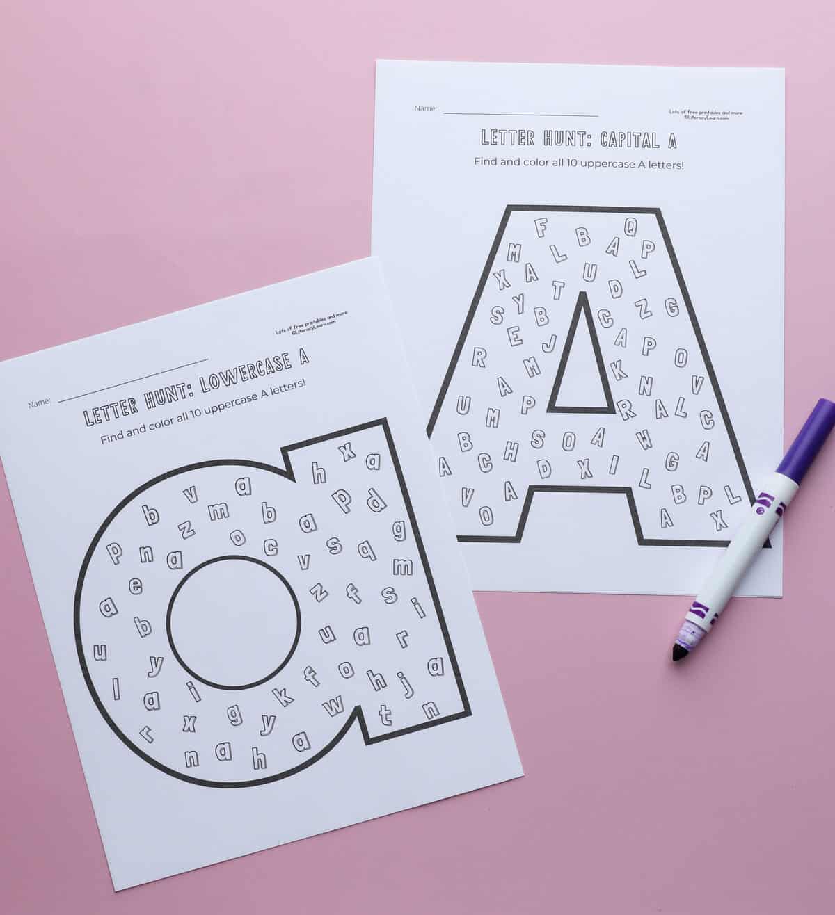 A printed capital A and lowercase a letter hunt worksheet with a marker. 