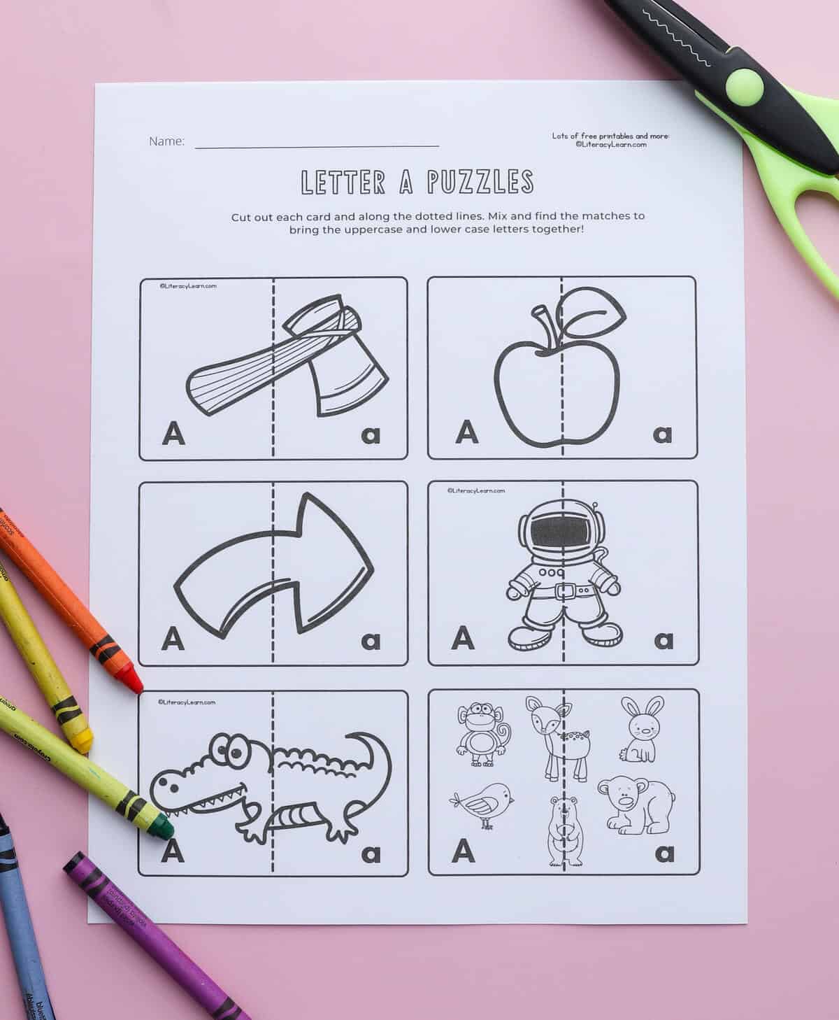 Six printable letter a puzzles on one printed page, each with short a words and pictures on each. 