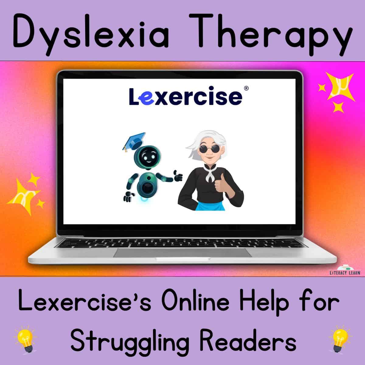 Graphic with Lexercise logo on an open laptop to show their online dyslexia Therapy.