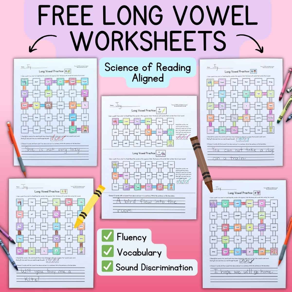 Graphic with 5 free Long Vowel Worksheets on a colorful background.