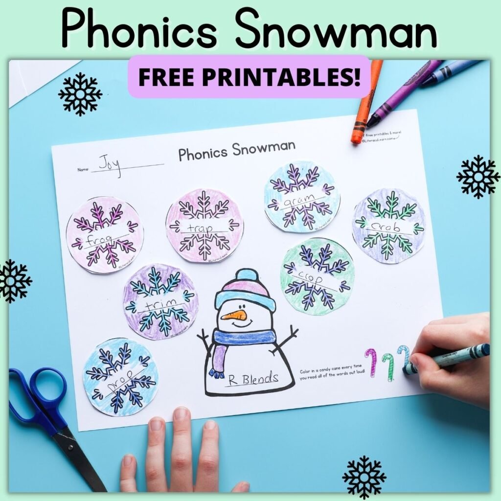 Colorful graphic with picture of a child completing the Phonics snowman worksheet.