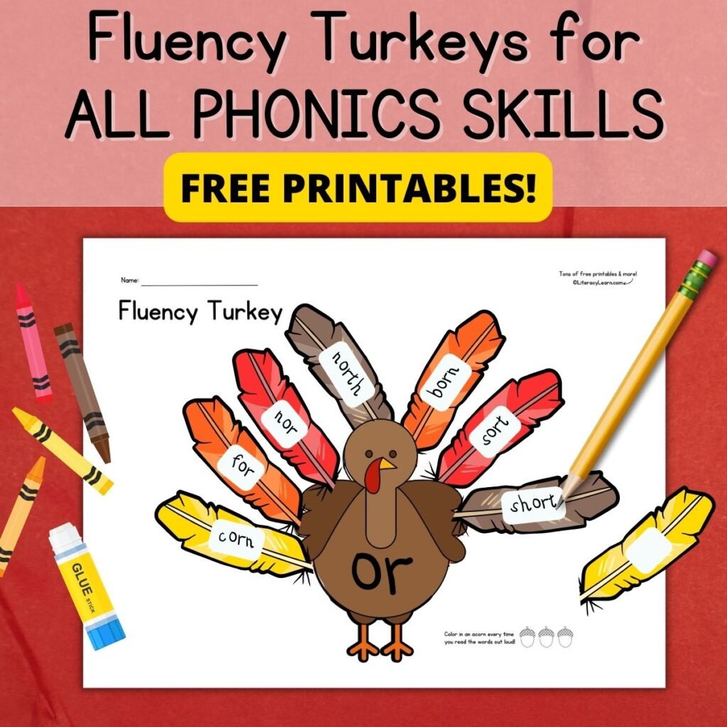 Colorful graphic with Fluency Turkey worksheet surrounded by crayons, glue, and a pencil.