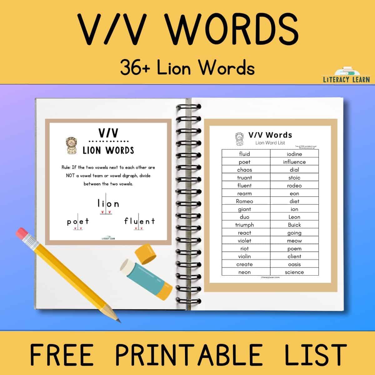 Colorful Graphic entitled "V/V Words 36+ Lion Words" with notebook and word list/graphic.