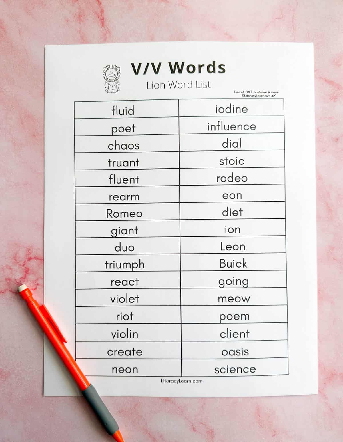 A printed V/V Words list on a pink background with a pencil.