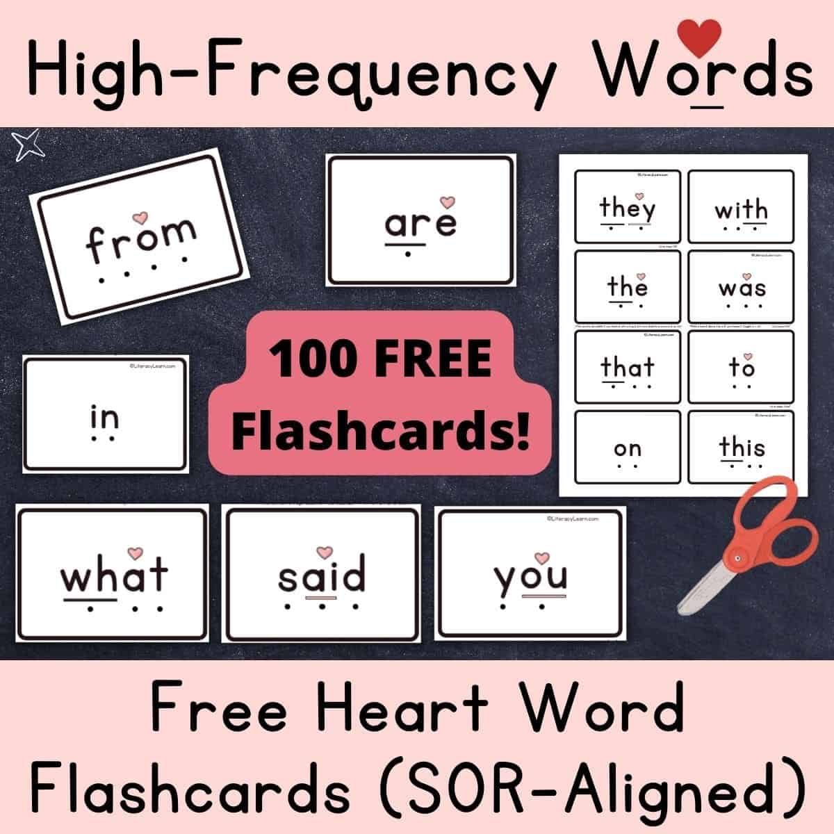 Graphic entitled "High-Frequency Words" with pictures of free SOR-aligned flashcards with heart words.