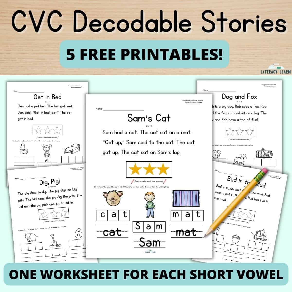 Colorful graphic showing 5 printable CVC word story worksheets.