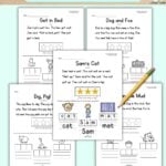Graphic with 5 free printable CVC decodable stories for Pinterest.