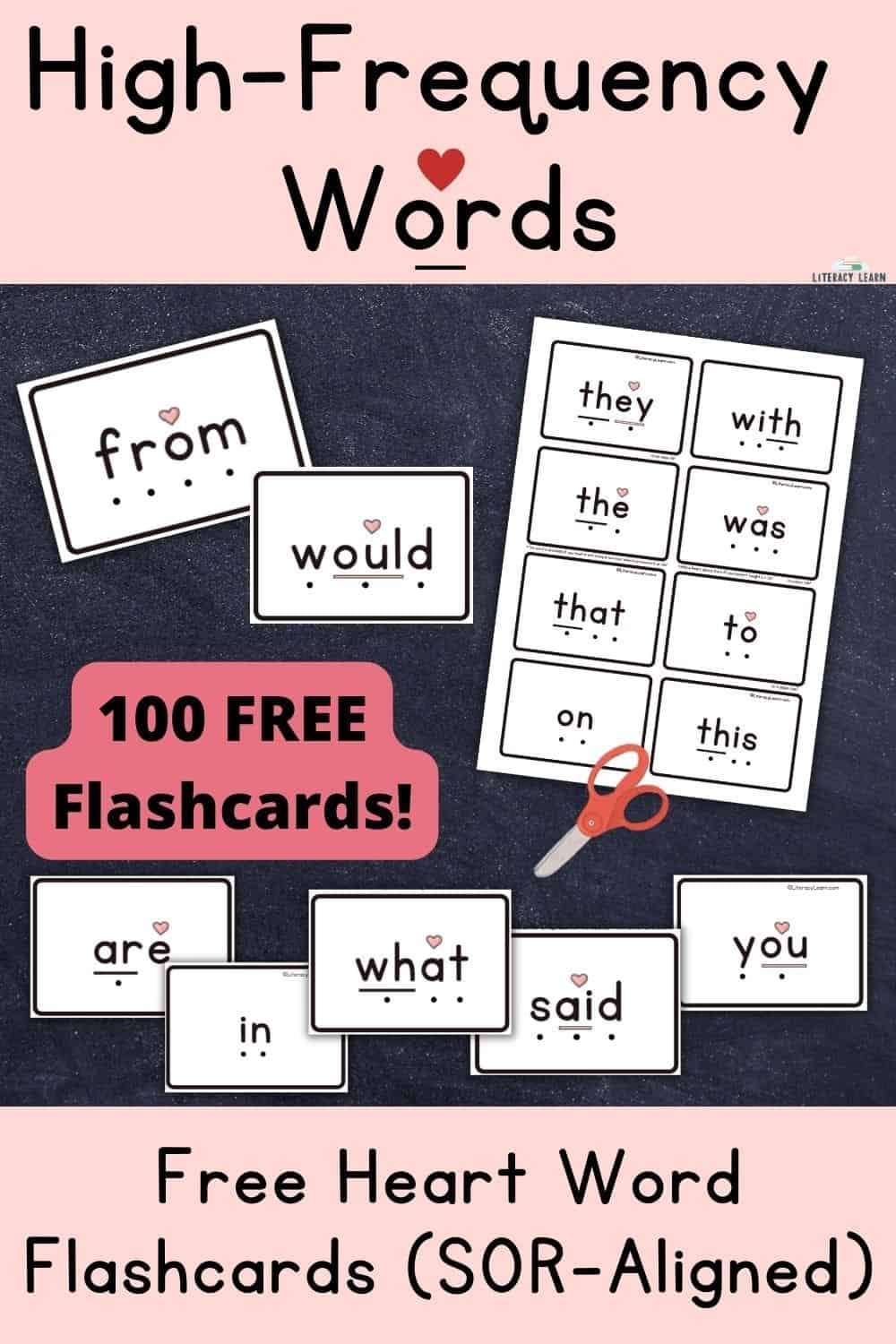 Graphic entitled "High-Frequency Words" with pictures of free SOR-aligned flashcards with heart words.
