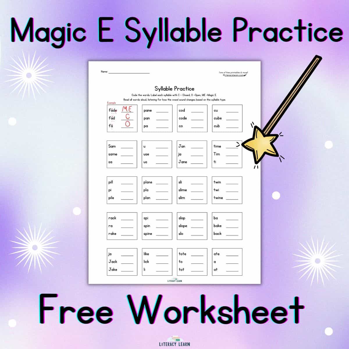 Purple image with title "Magic E Syllable Practice" with picture of the worksheet and a magic wand.