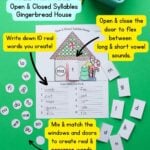 Graphic with image of the open & closed syllable house worksheet with instructions on how to teach with it.
