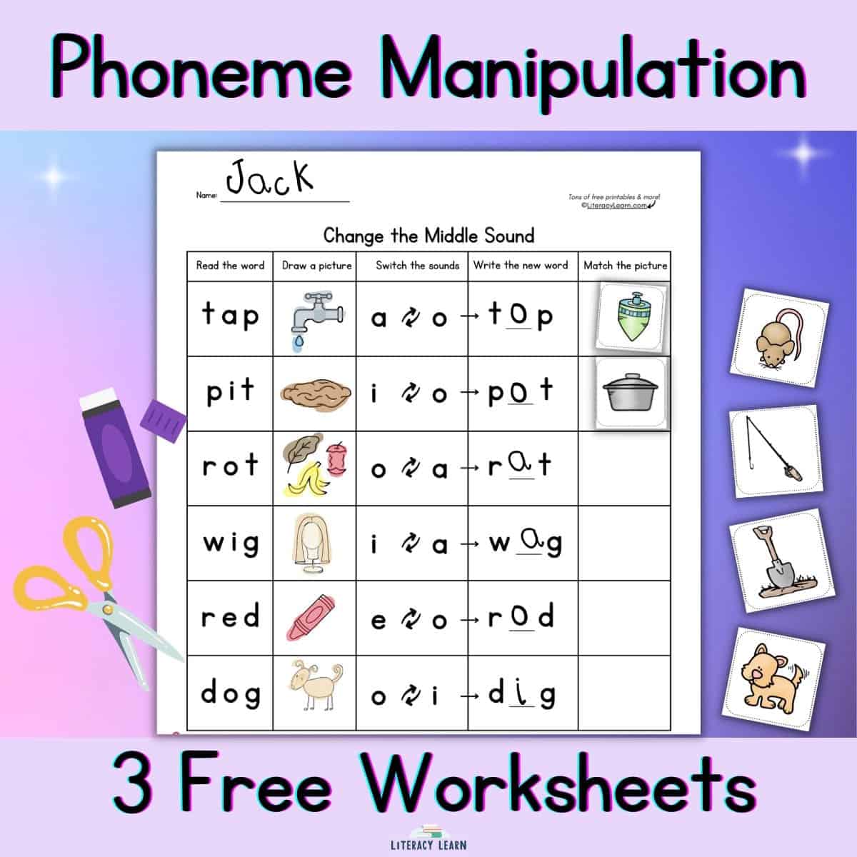 Purple graphic entitled "phoneme manipulation' with sample free worksheet and activity.