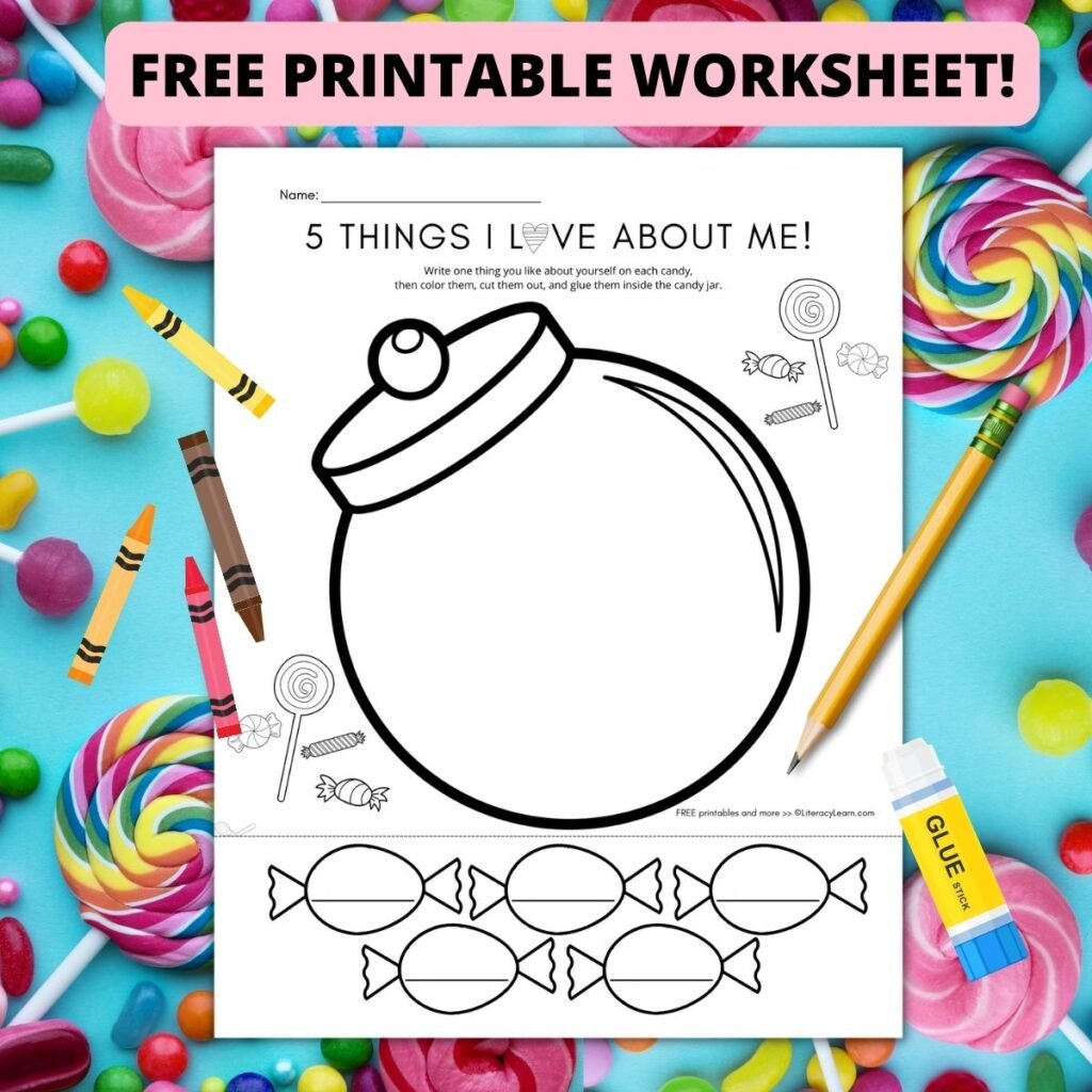 Colorful graphic with 5 Things I like About Me candy jar themed worksheet.