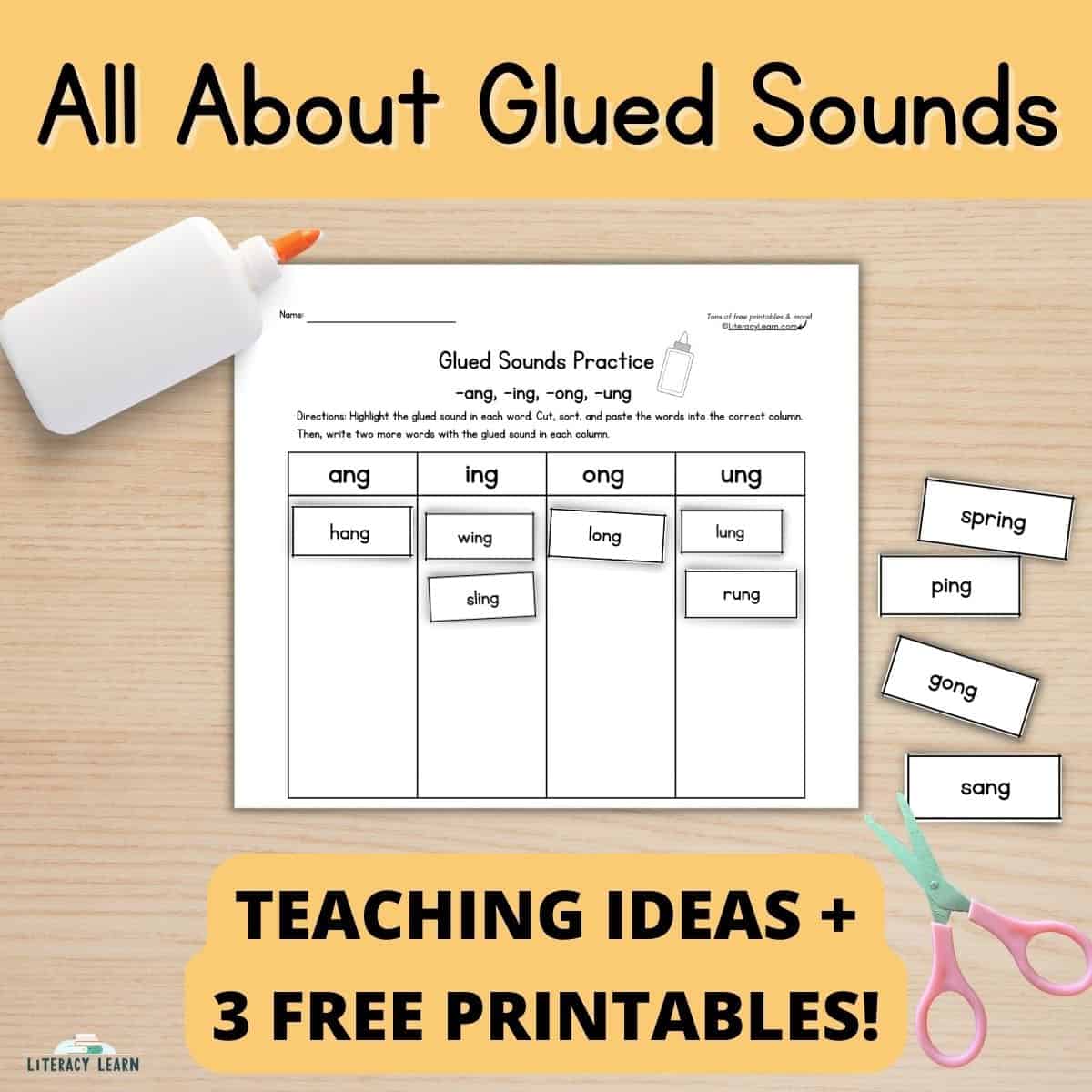 Graphic entitled "All About Glued Sounds" with free worksheet sort with glue and scissors.