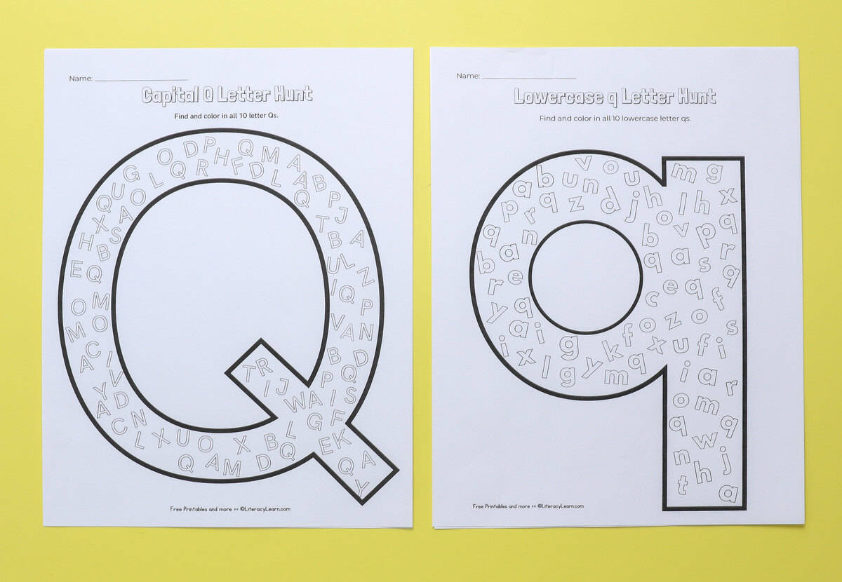 Two printed worksheets for students to practice visual discrimination and find uppercase and lowercase qs.