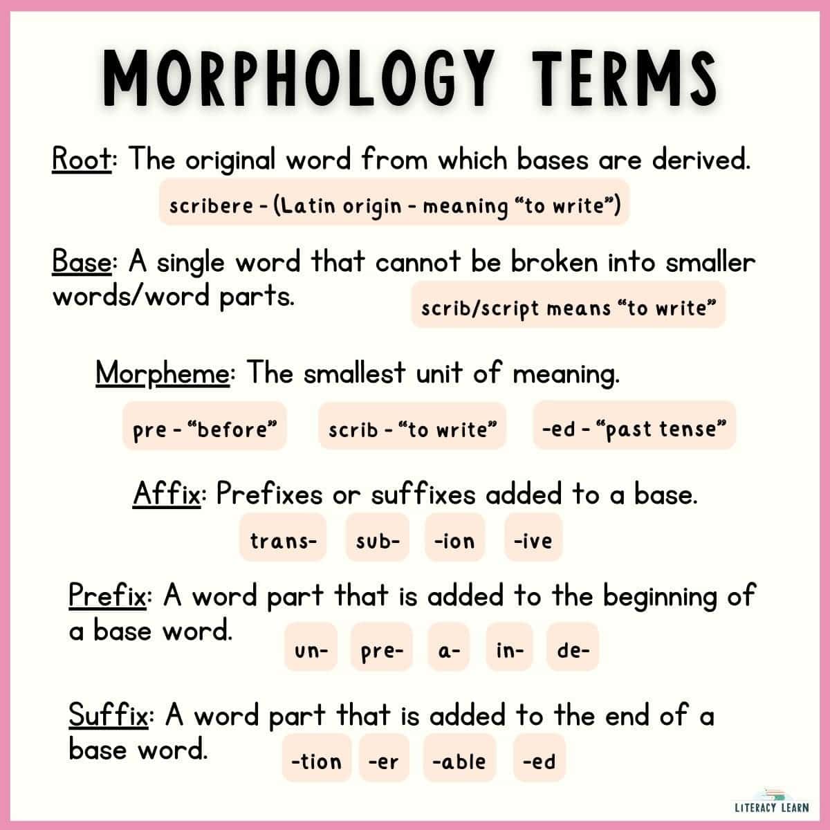 Graphic entitled "Morphology Terms" with keywords, definitions, and examples.