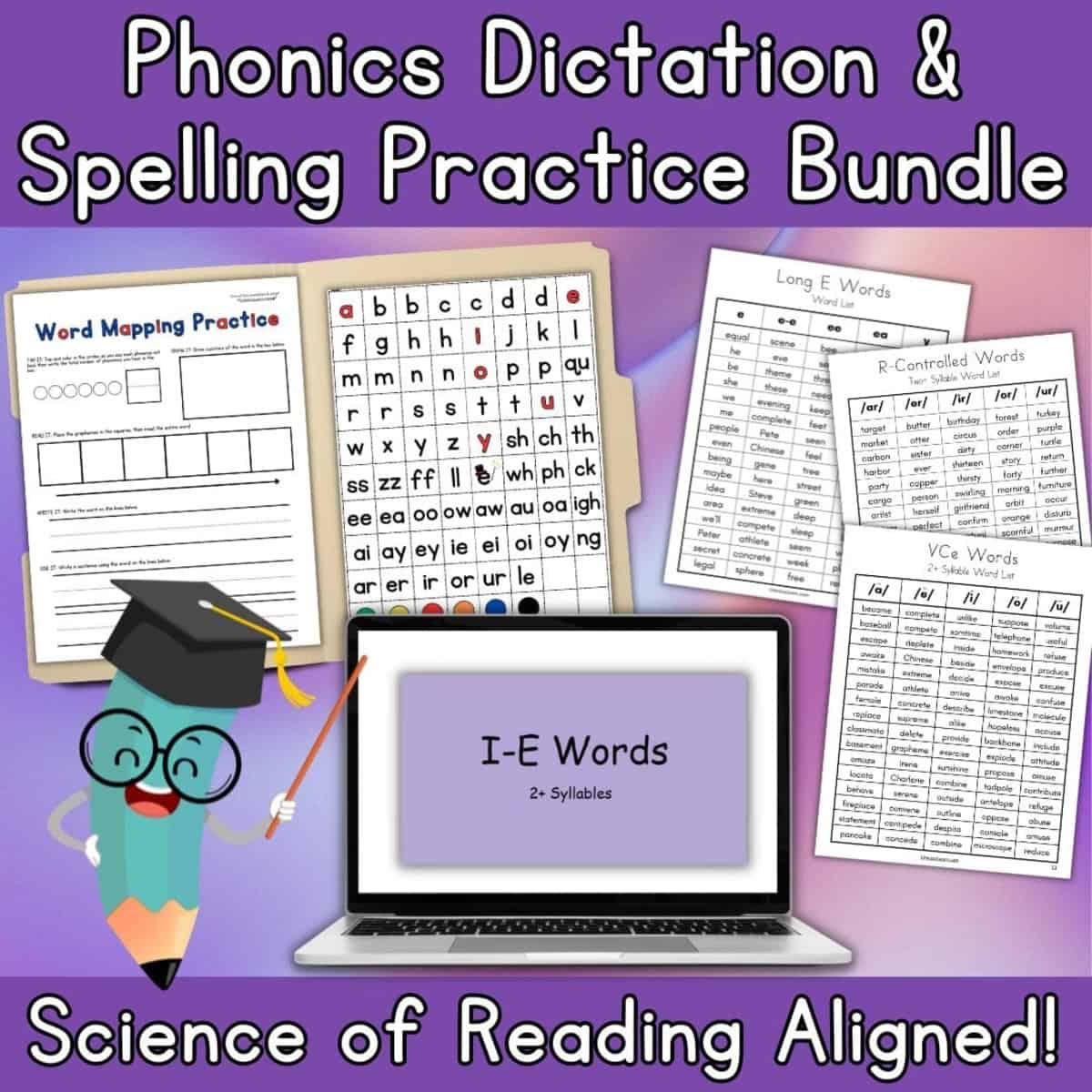 Purple graphic with computer, phonics folder, and word lists entitled 'Phonics Dictation & Spelling Practice Bundle."