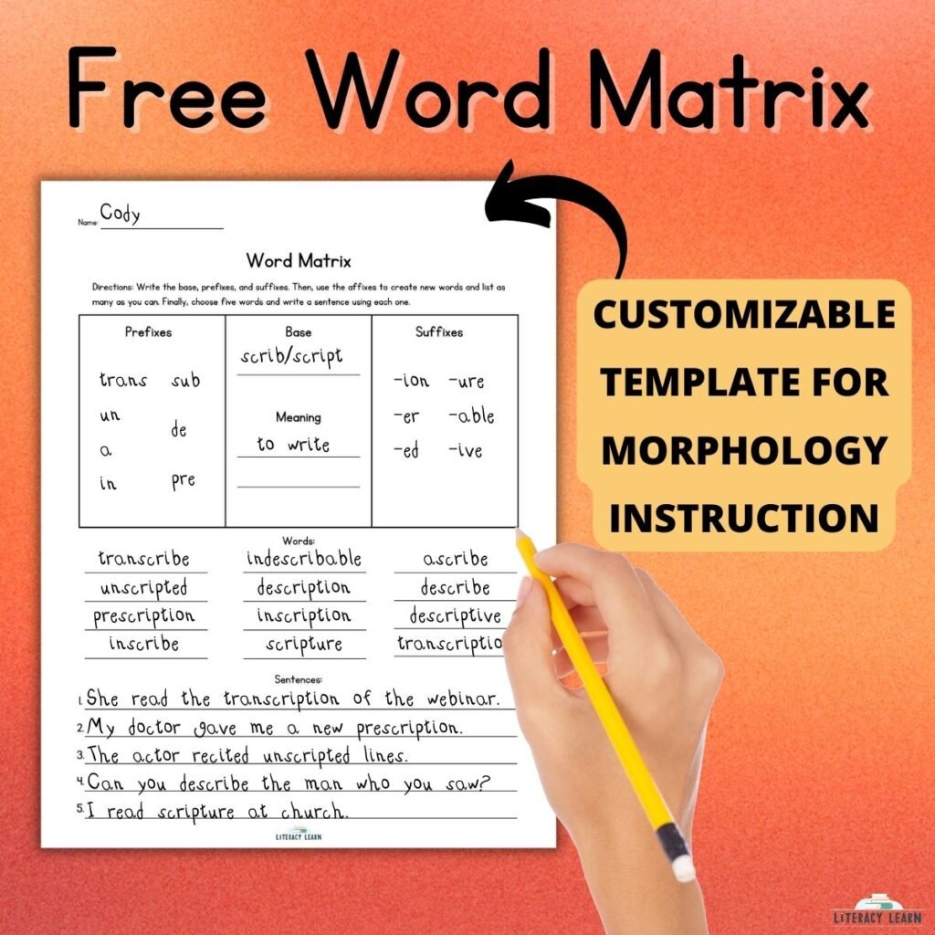 Graphic with word matrix printable worksheet on an orange background.