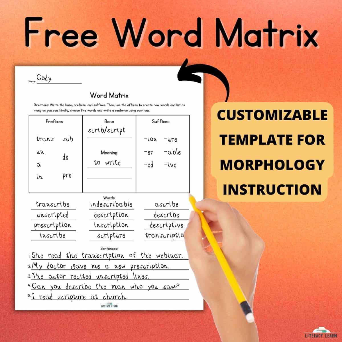 Orange graphic entitled "Free Word Matrix" with customizable template for morphology instruction.