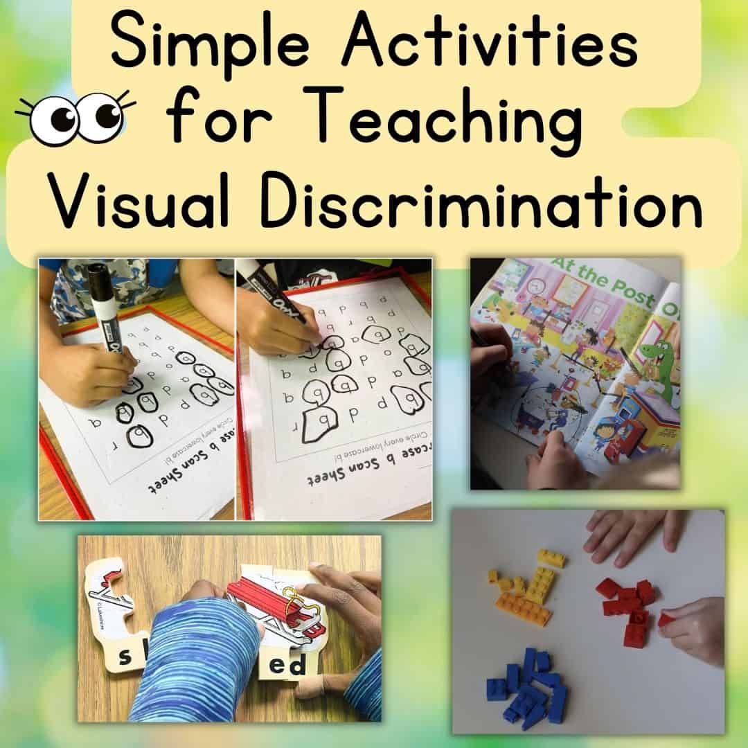 Graphic with text "Simple Activities for Teaching Visual Discrimination" with collage of images.