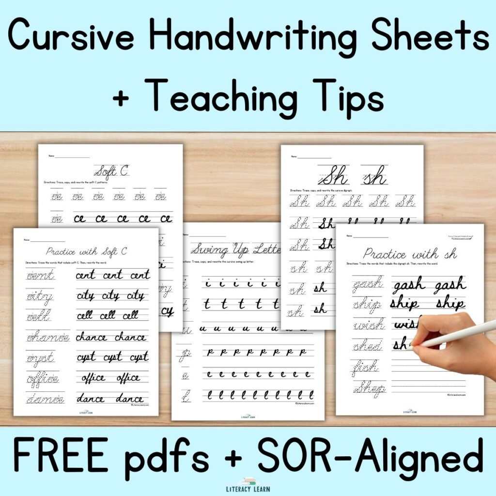 Graphic with free cursive writing worksheets.