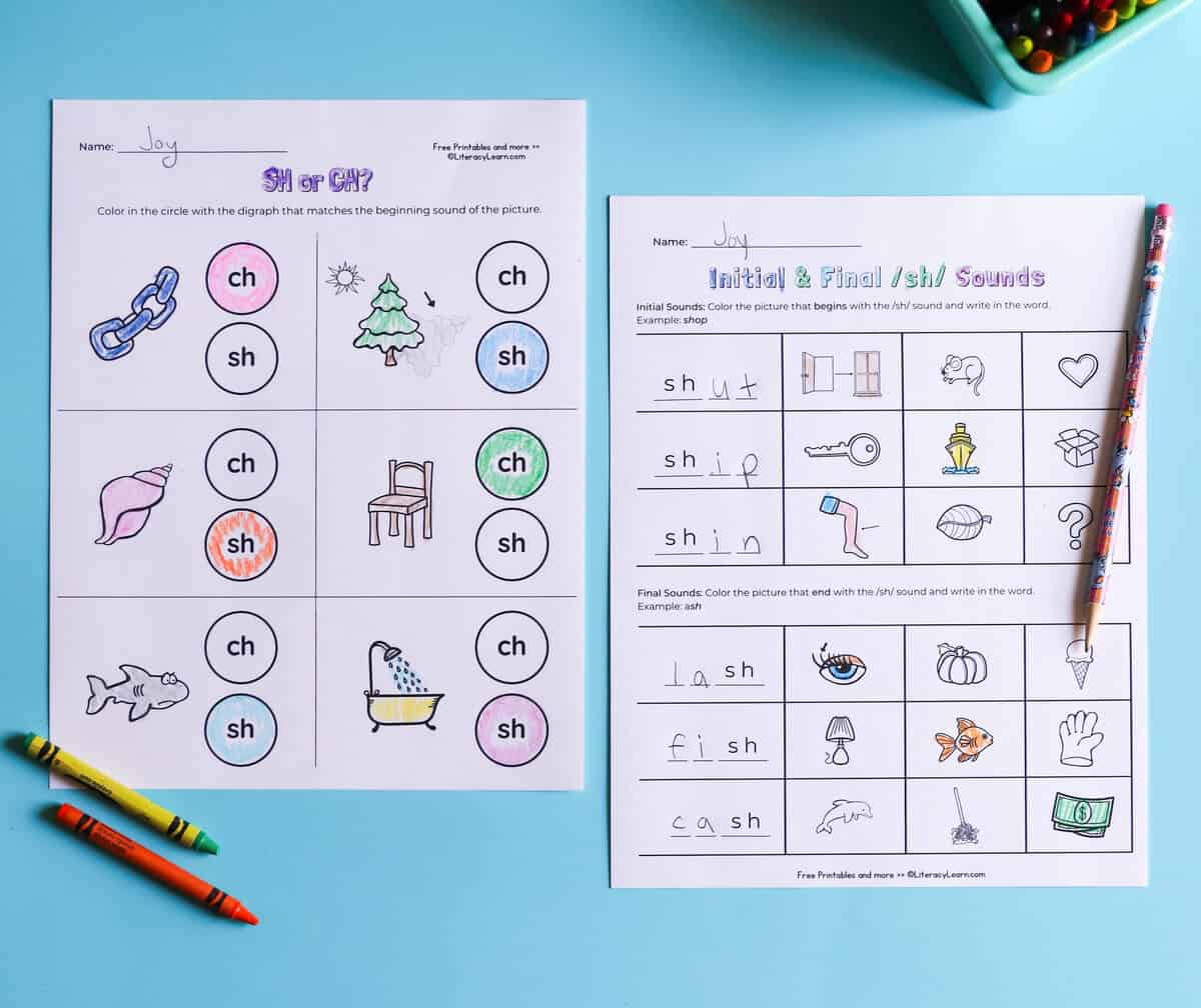 Two digraph sh worksheets, focused on /sh/ or /ch/ sounds and decodable words.