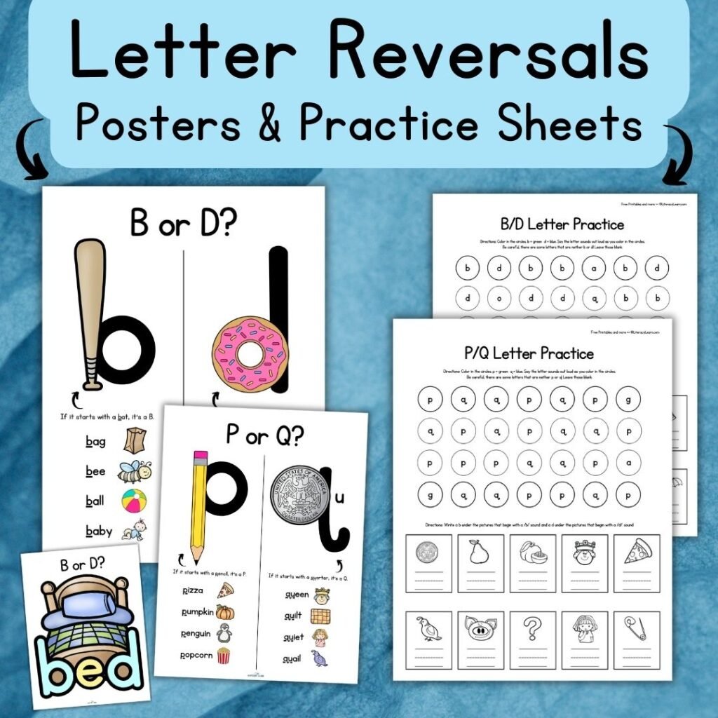 Letter reversal practice resources graphic with posters and worksheets. 