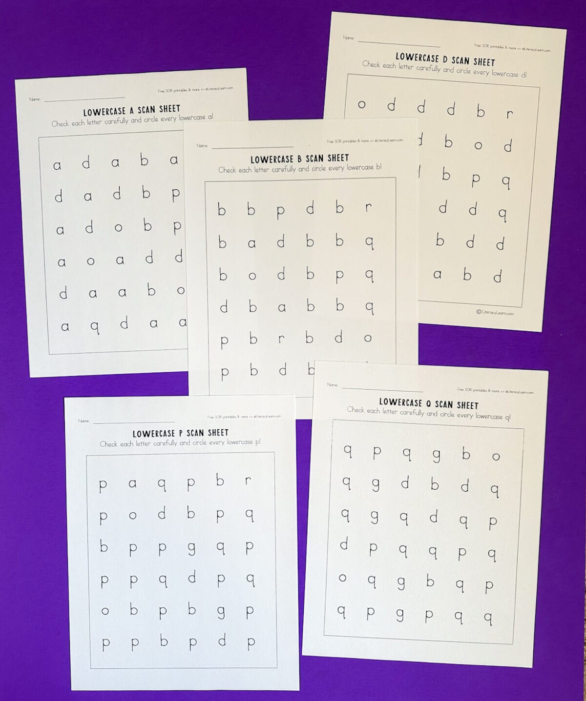 Four scan sheets for lowercase letters a, b, d, p, and q. 