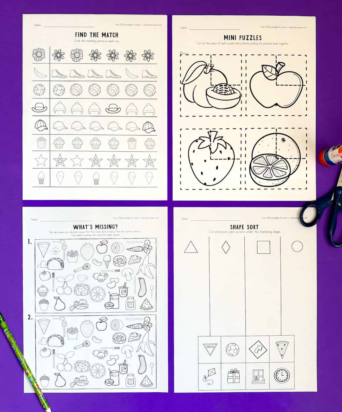 Four activity sheets for practicing visual discrimination skills on a purple background.