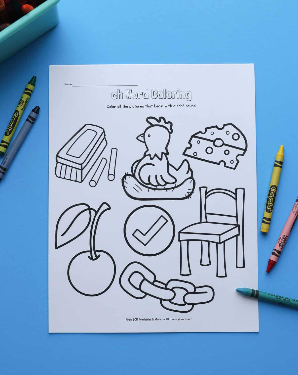 A printed coloring sheet with pictures that begin with ch, including chicken, chair, and cheese.