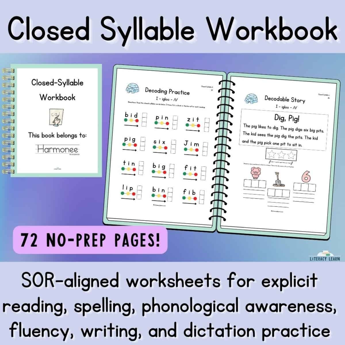 Graphic showing a closed-syllable workbook with sample no-prep pages for CVC words and words with digraphs.