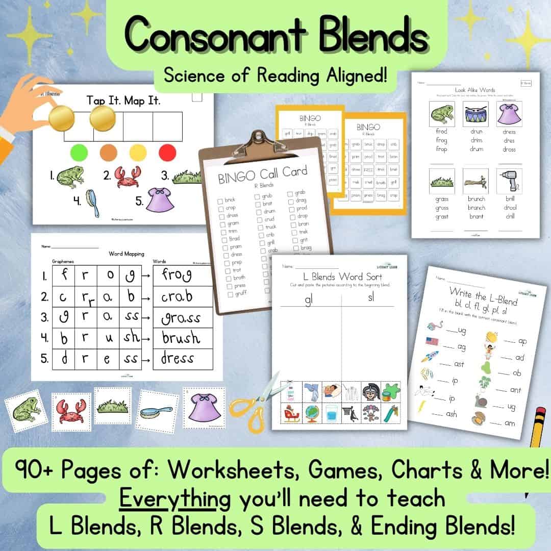 Colorful graphic showing lots of consonant blends resources available as a TPT product.