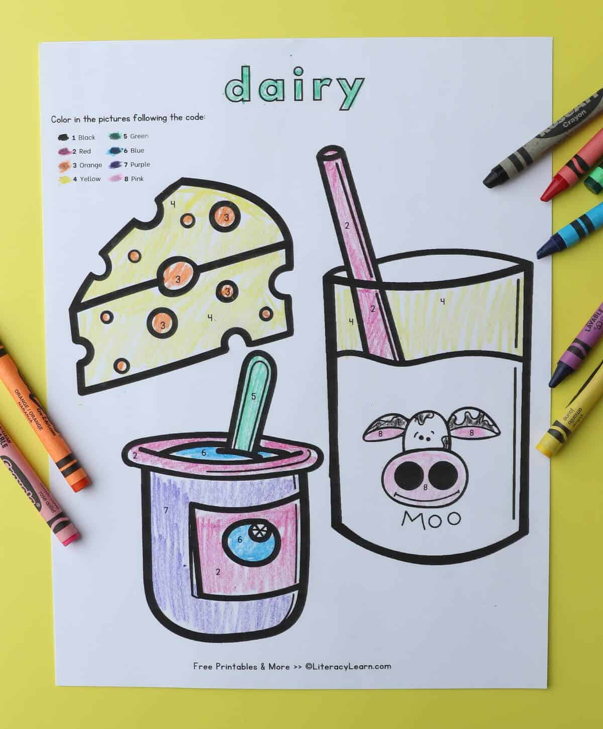 A printed dairy category coloring page with cheese, milk, and yogurt. 