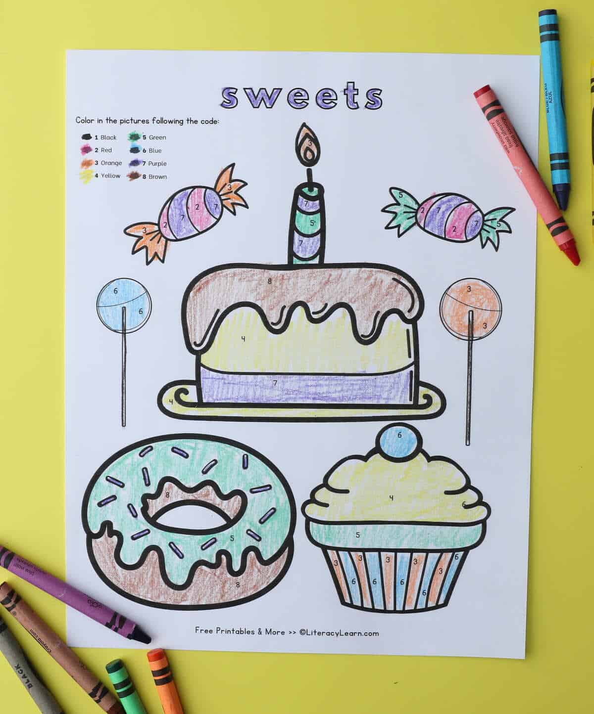 A printed sweets and desserts category coloring page with cake, donuts, candy, and a cupcake. 