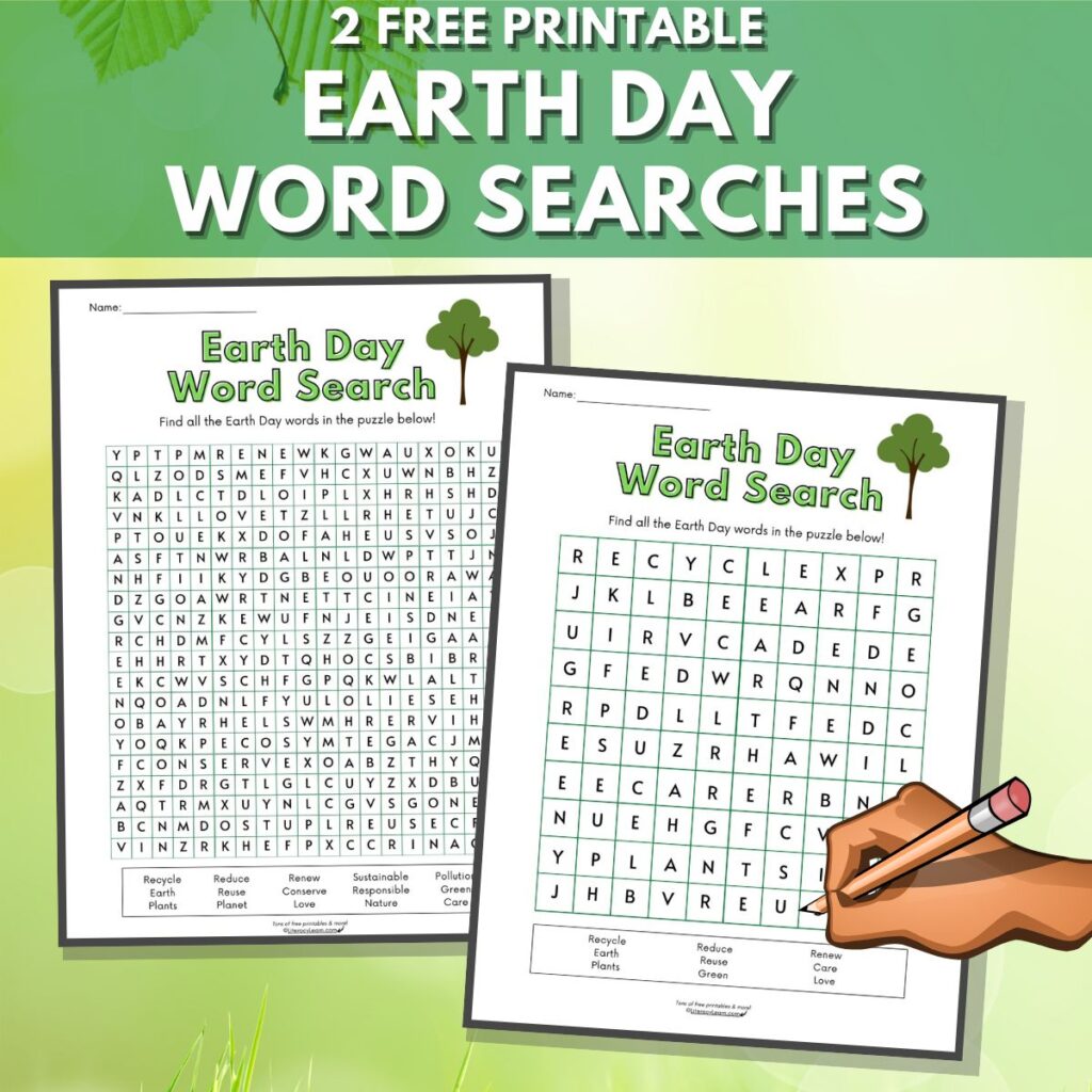 Green graphic with 2 Earth Day themed word searches.
