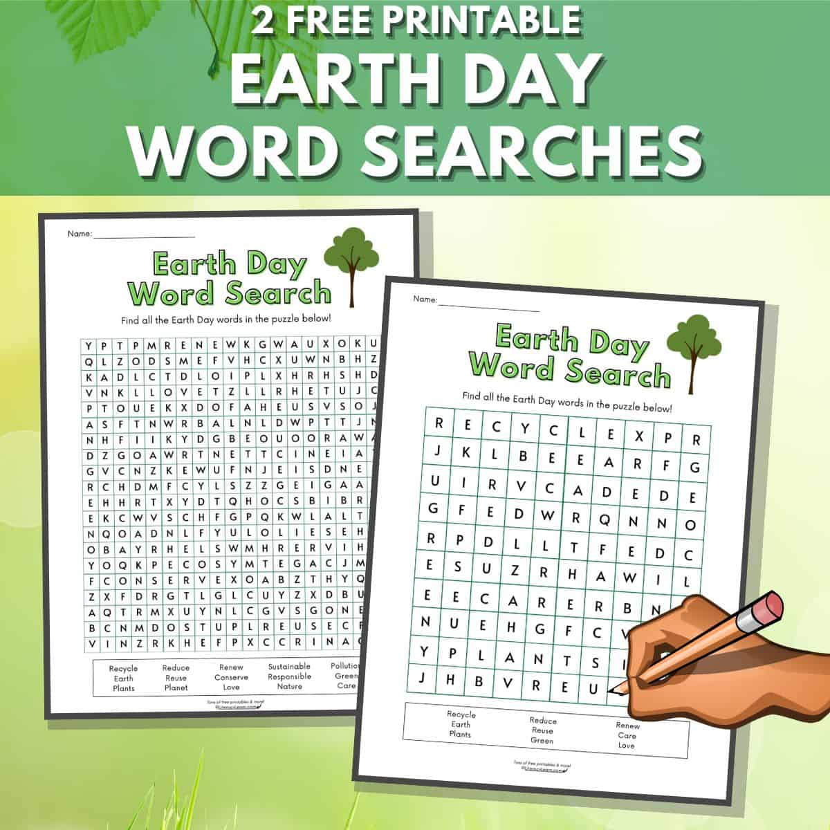 Graphic with 2 earth day word searches on a green leaf background.