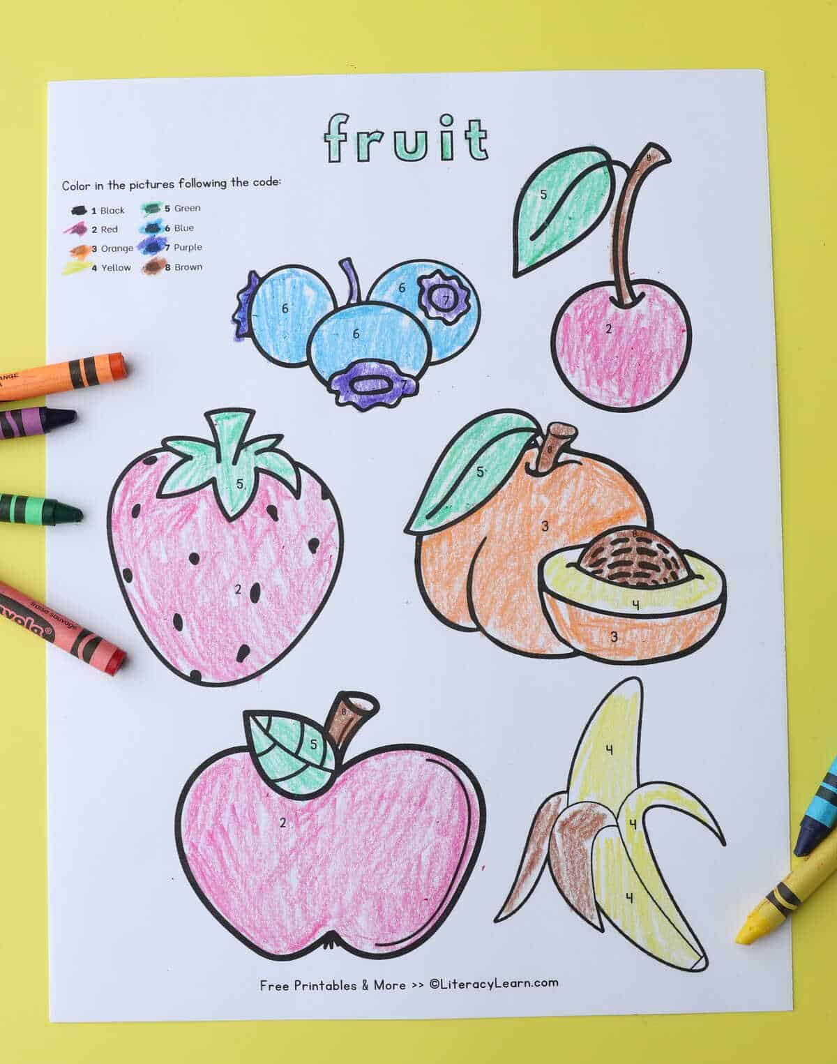A printed fruit category coloring page with cherries, peach, banana, apple, blueberry, and strawberry. 