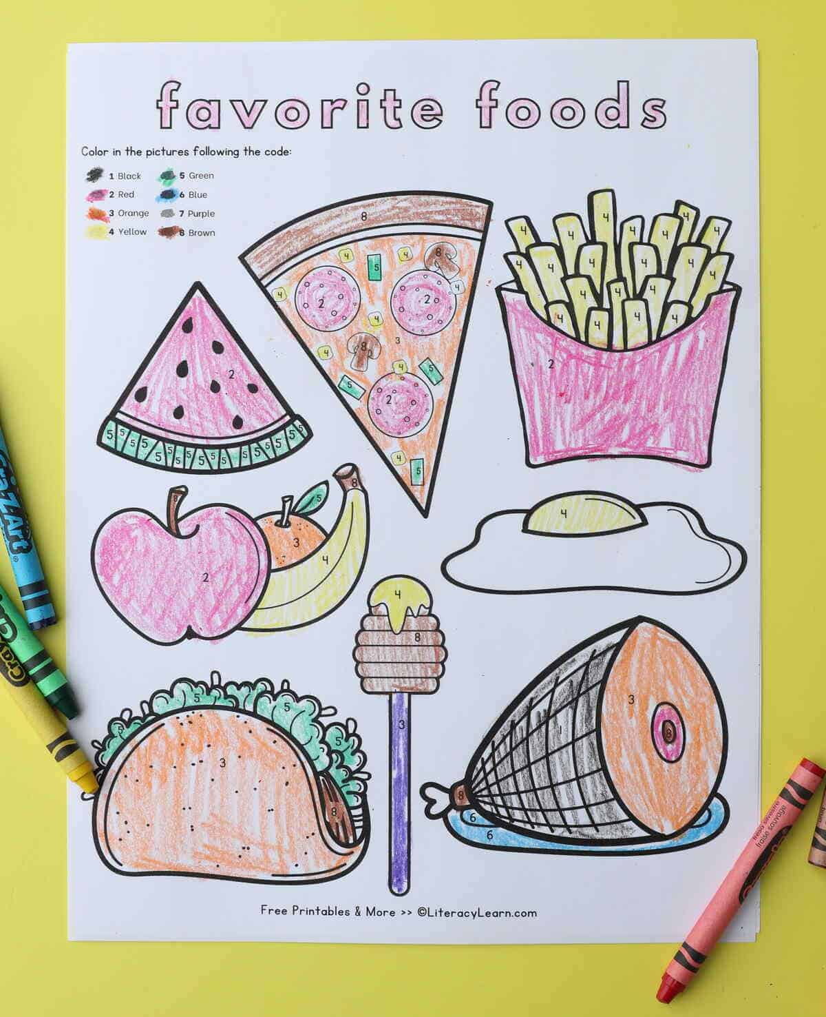A printed favorite foods category coloring page with pizza, fries, egg, meat, fruit, and a taco.