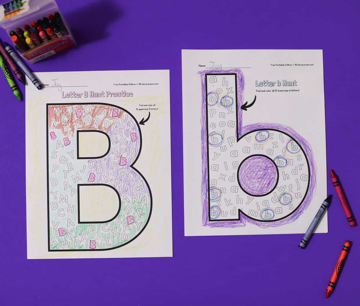 A printed uppercase and lowercase letter B hunt worksheet on a purple background.