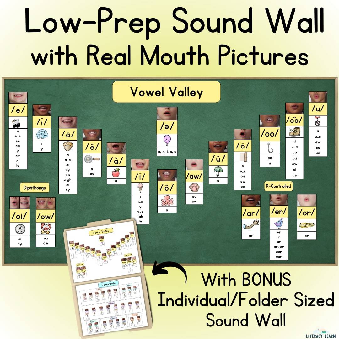 Graphic for a Low Prep Sound Wall showing a vowel valley and individual sound wall. 