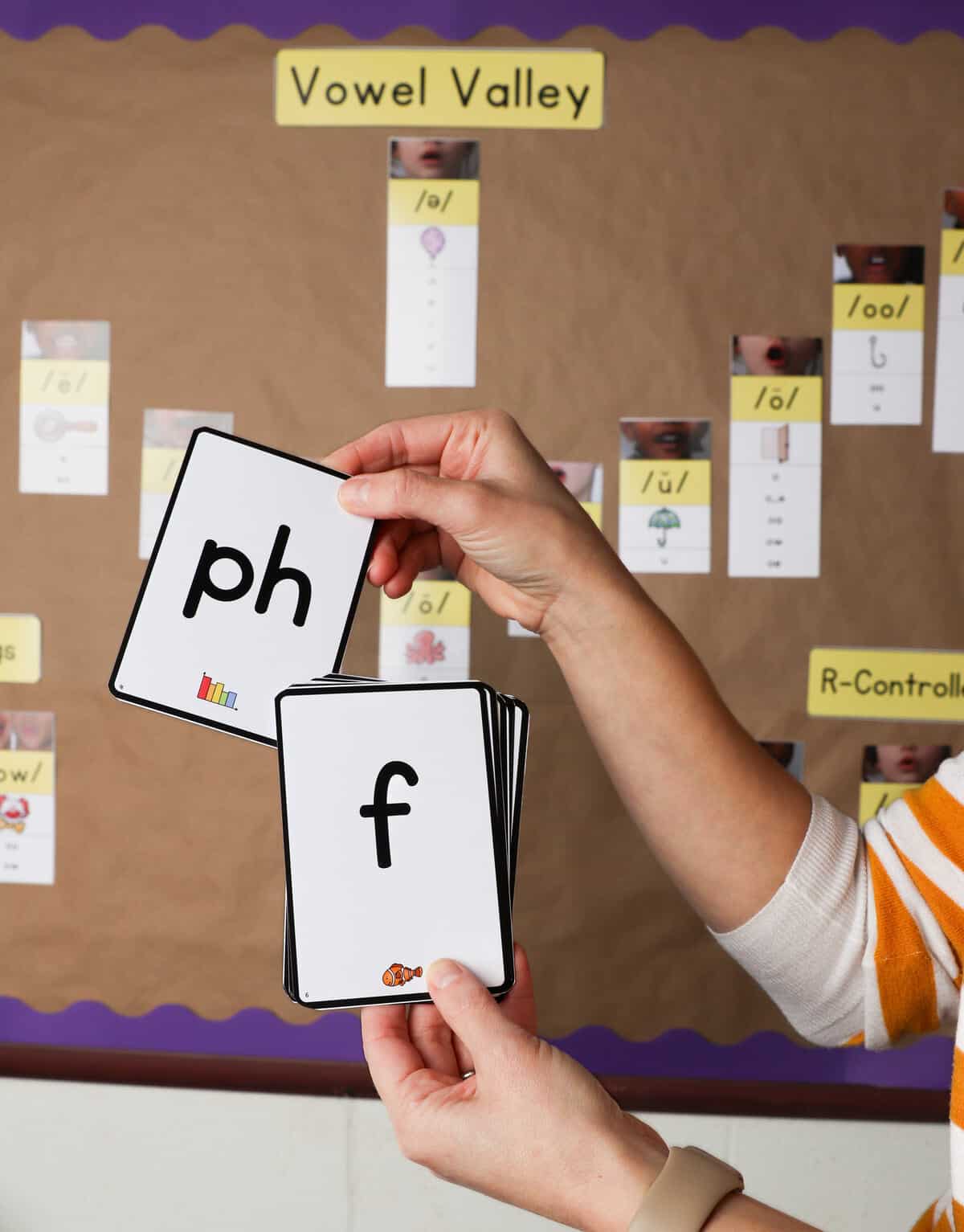 A teacher's hands holding up two phonogram cards: ph and f. 