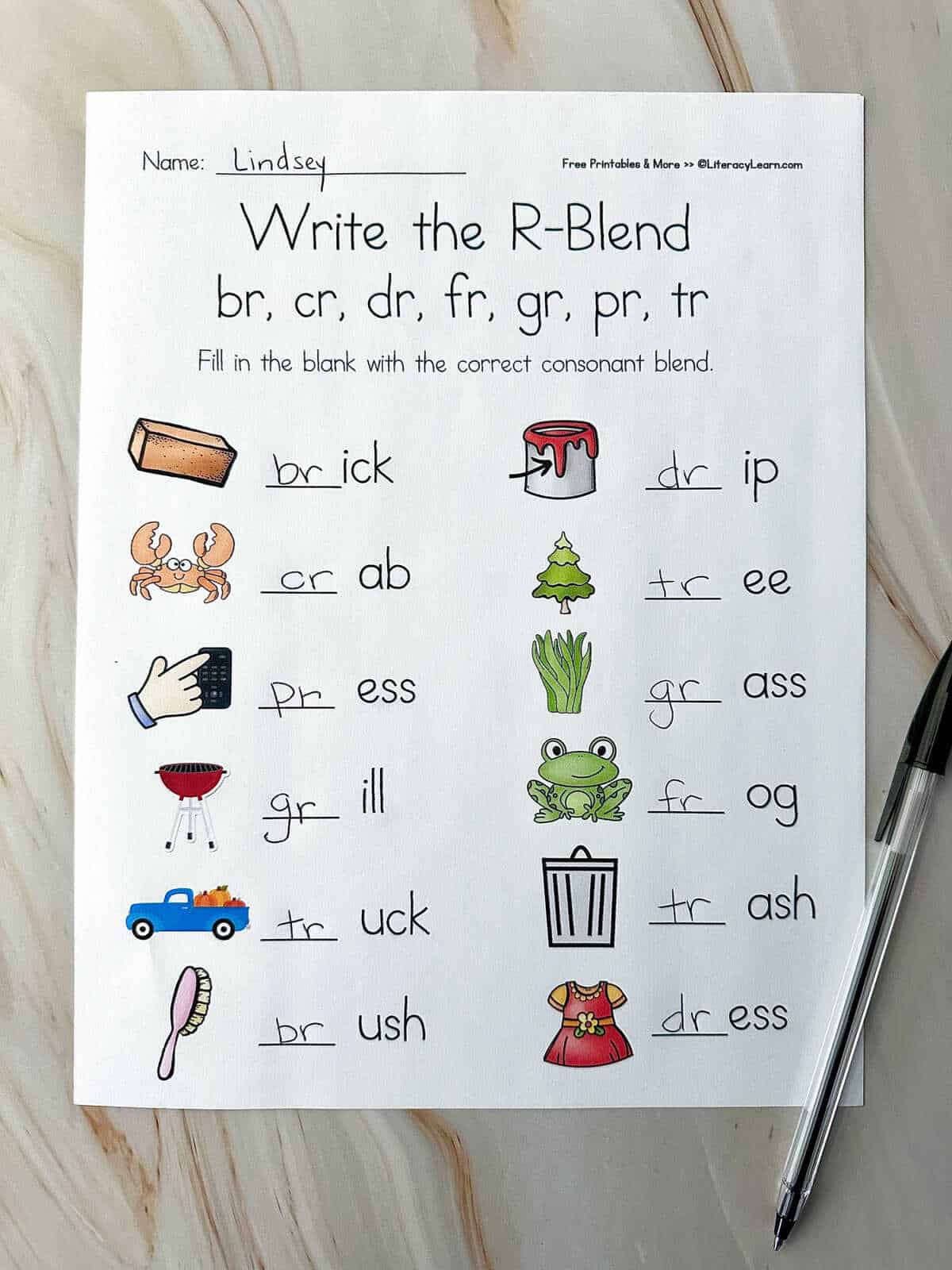 A printed and completed worksheet where students must write in the matching r-blend for each picture.