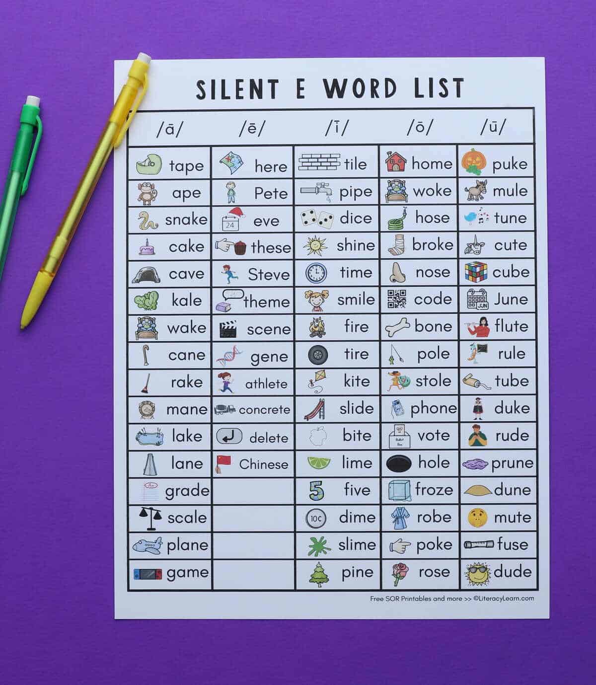 The printed silent e words list on a purple background with two pencils.