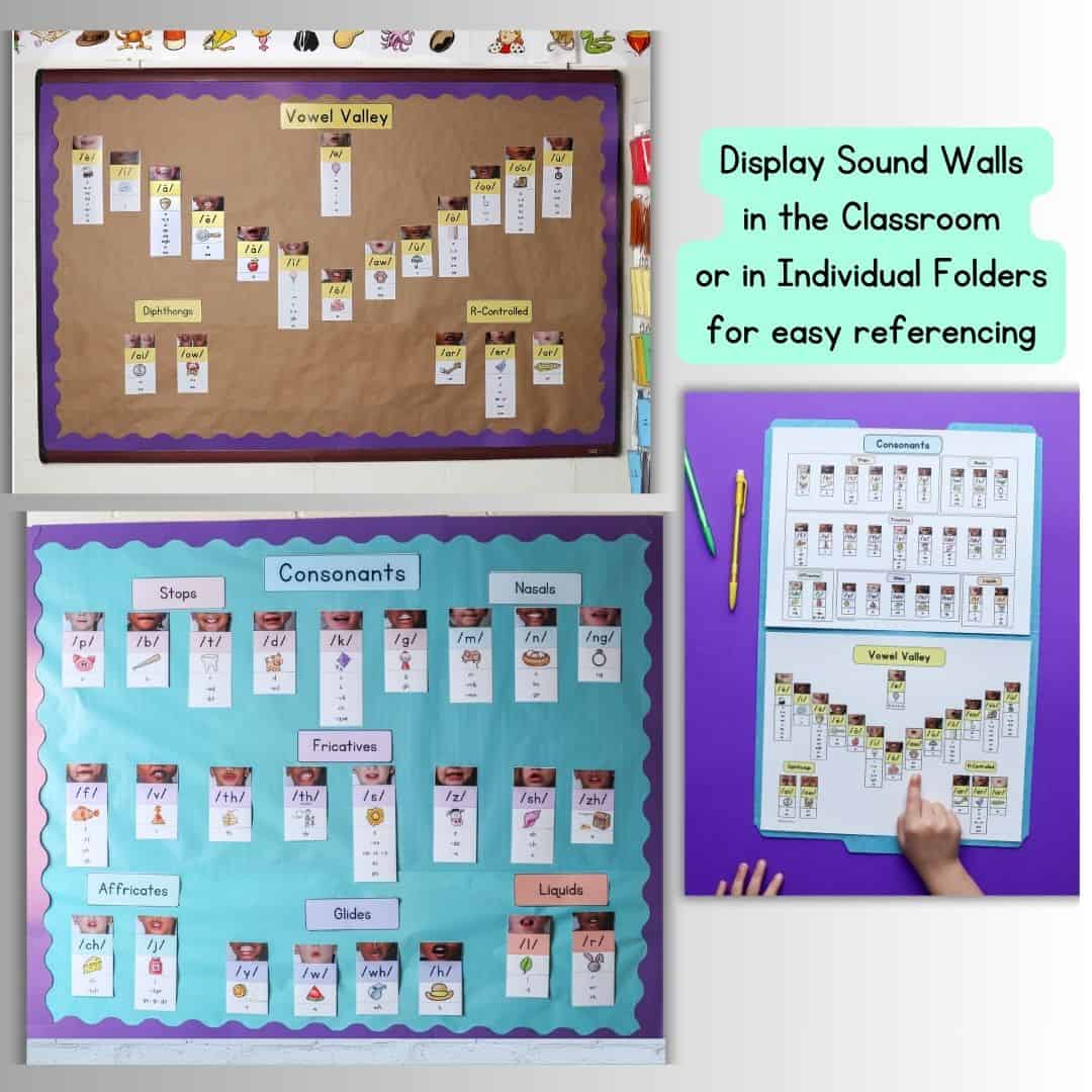 Collage of images of real sound walls in classrooms and in folders.