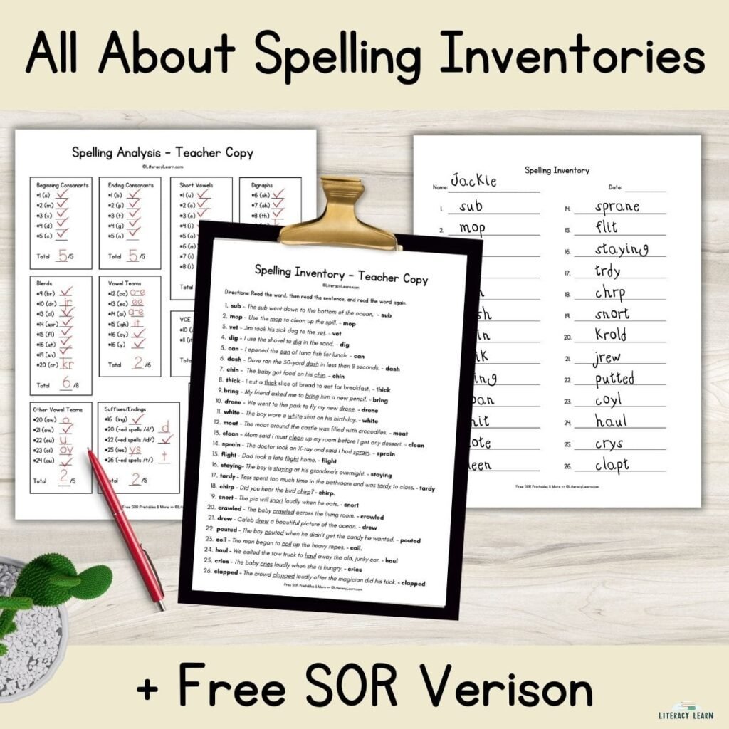 Graphic with spelling inventory printables on a clipboard.