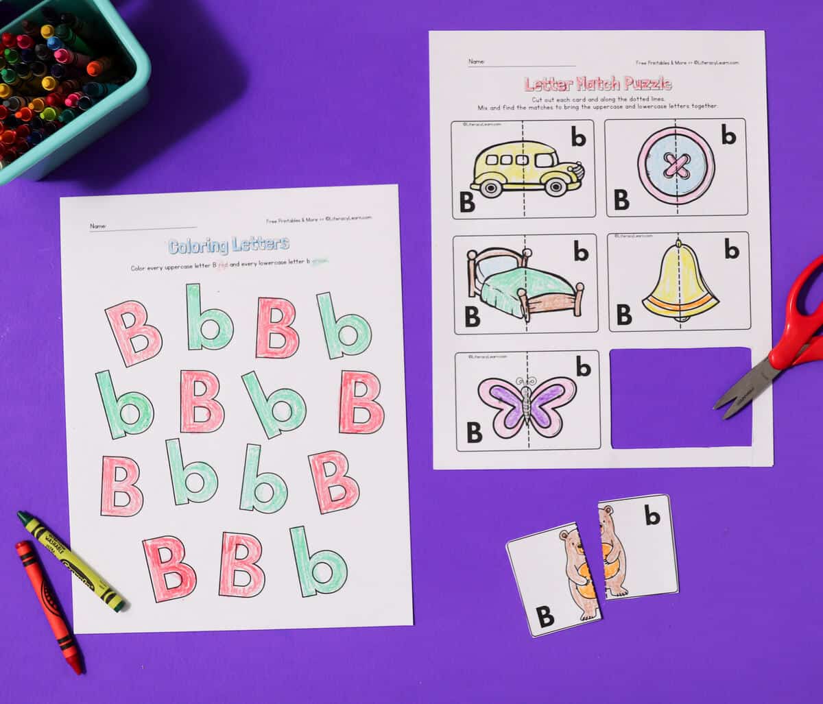 A printed uppercase and lowercase letter b practice worksheet and puzzle.