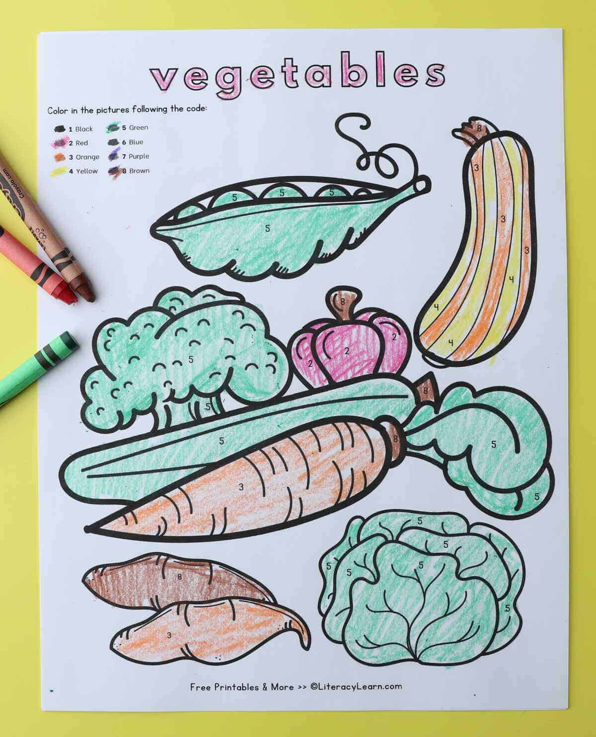 A printed vegetable category coloring page with peas, squash, broccoli, pepper, lettuce, and more. 