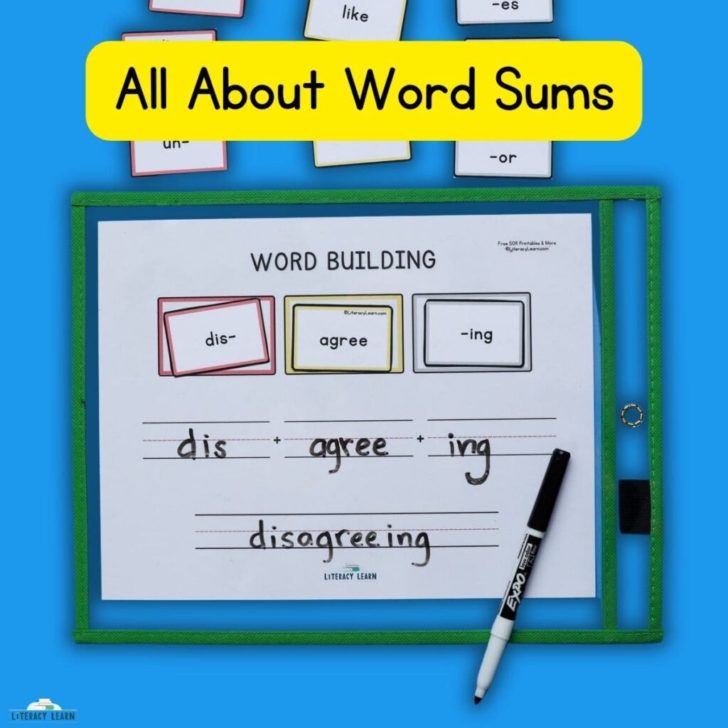 A printed word sums page with the text, "All About Word Sums."